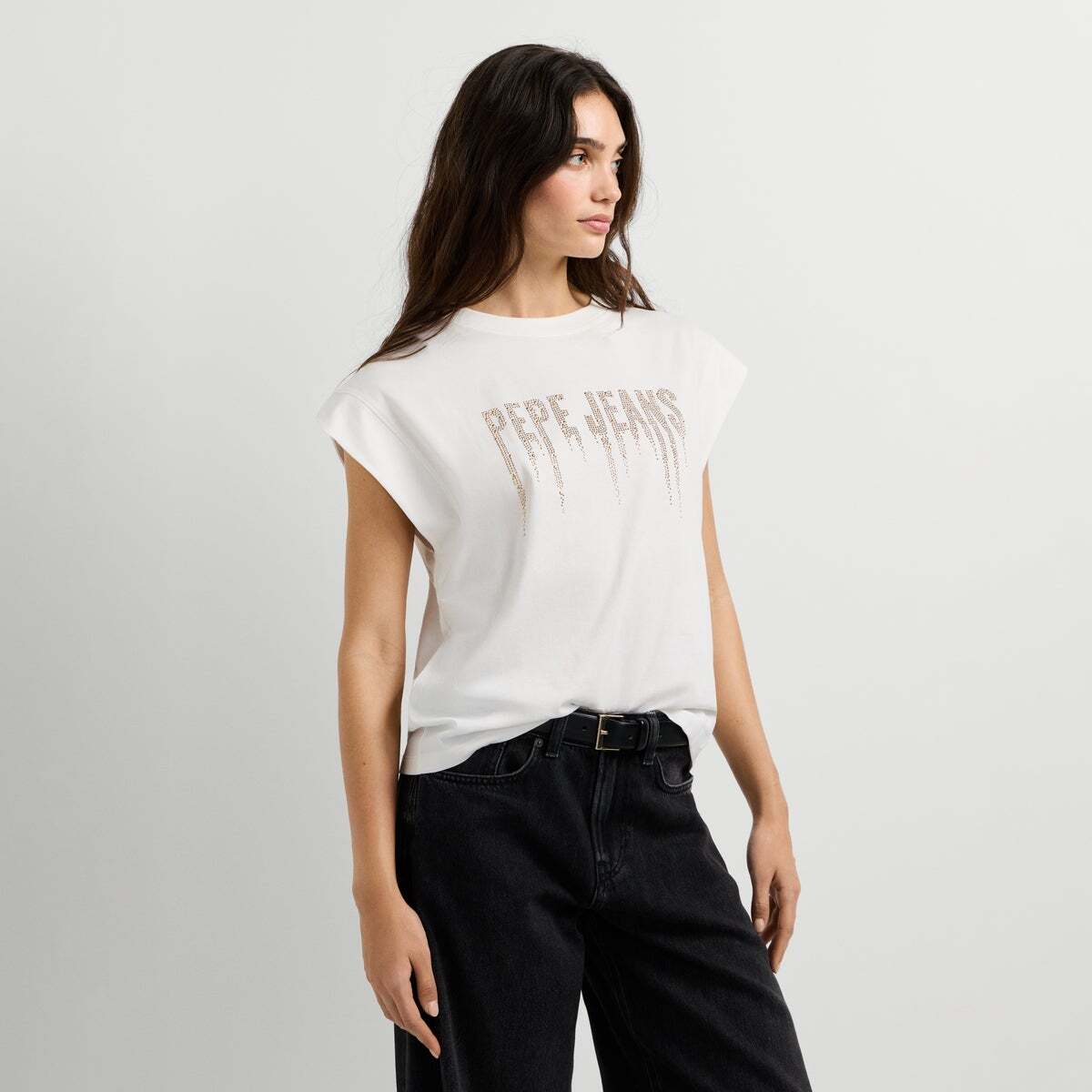 T-Shirt Sans Manches Logo Clous blanche mousse, PEPE JEANS