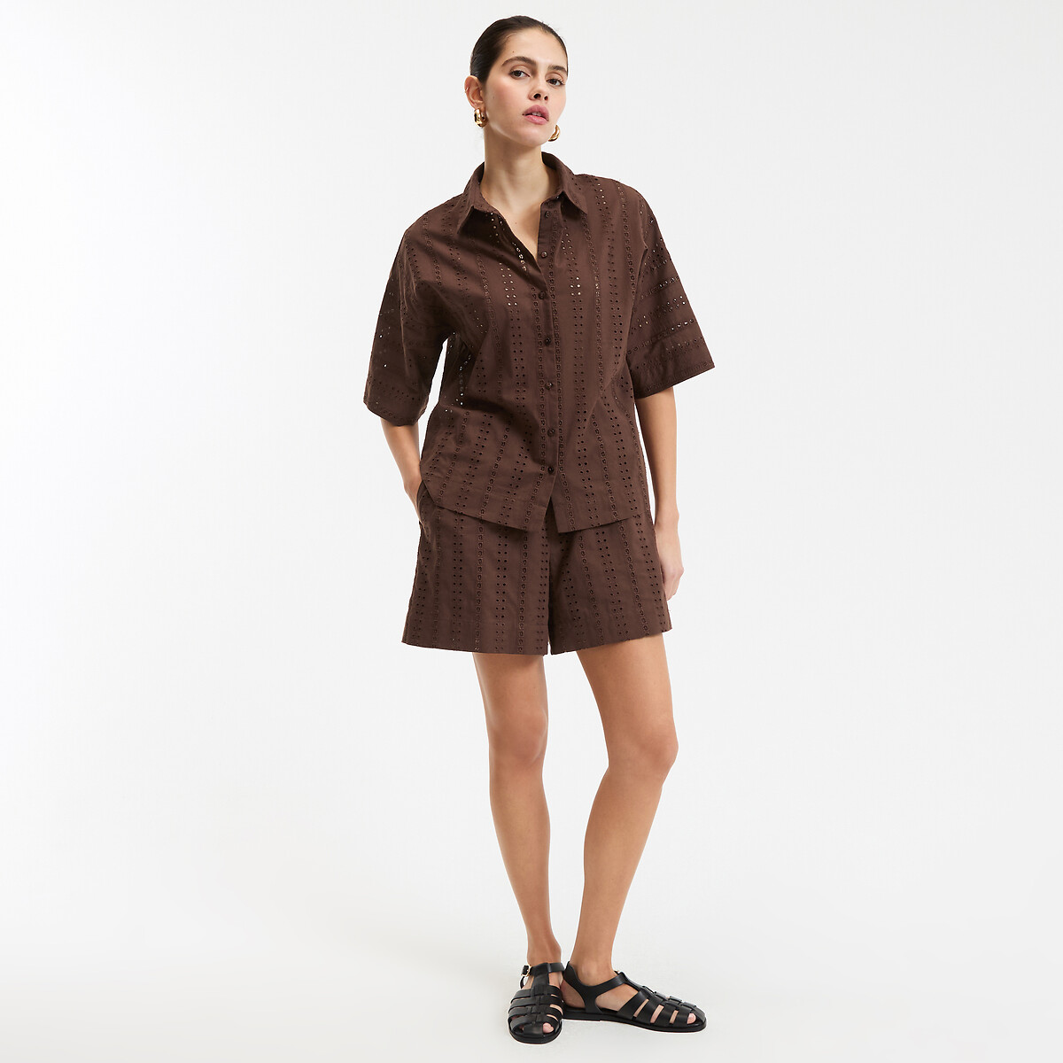 Chemise ample en broderie anglaise, manches coudes marron, LA REDOUTE COLLECTIONS