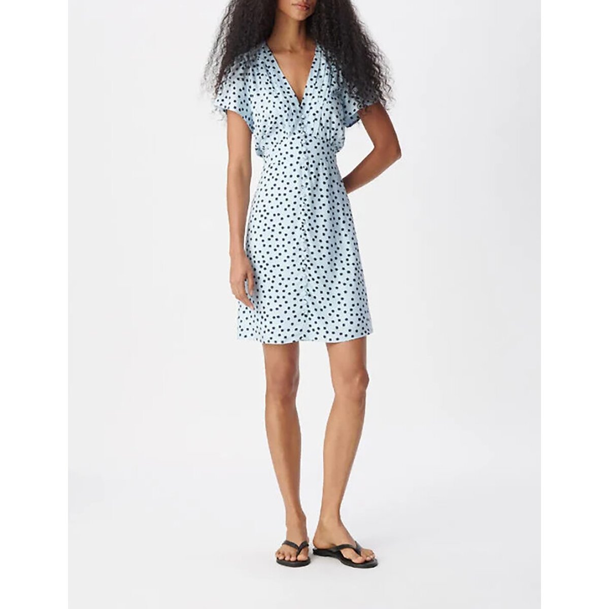 Abito svasato con scollo a V e maniche corte a pois blu chambray, IKKS