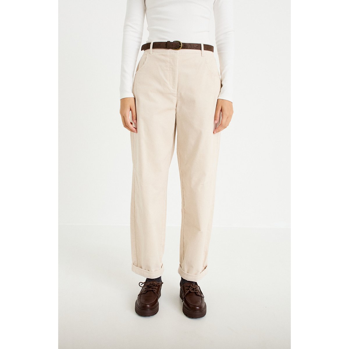 Pantalon barrel ceinture amovible ecru, CACHE CACHE
