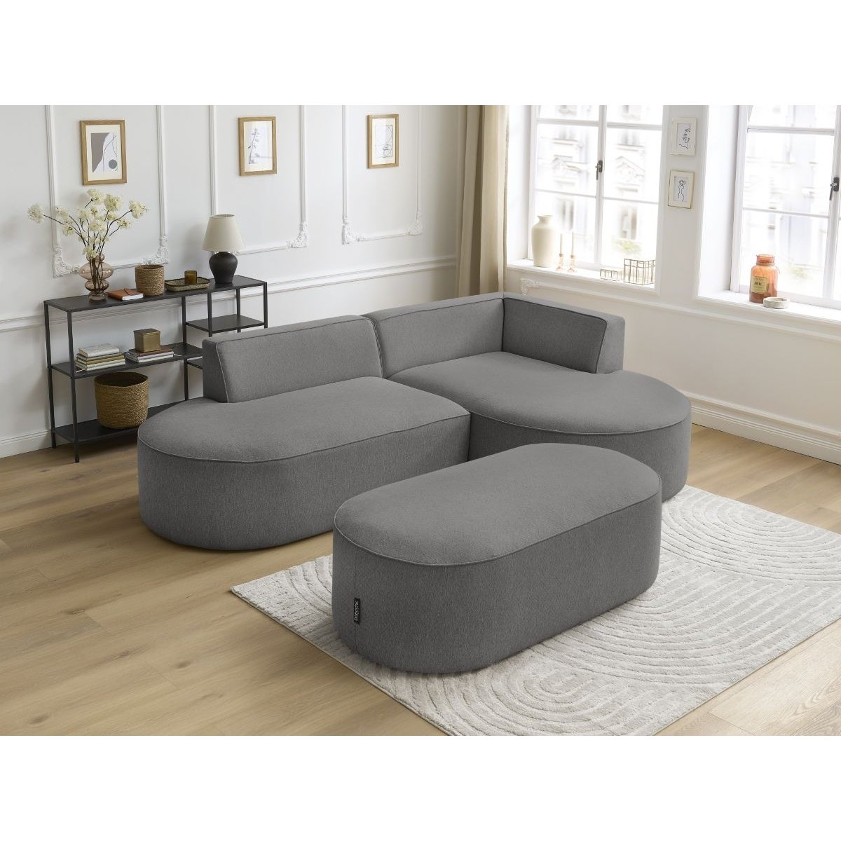 Canapé d'angle fixe 5 places en tissu chiné avec pouf, ROUSSEAU gris foncé, BOBOCHIC