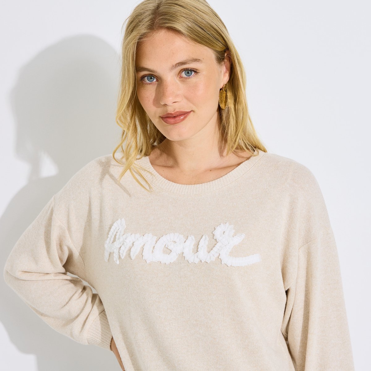Sweat fin inscription amour beige, GRAIN DE MALICE