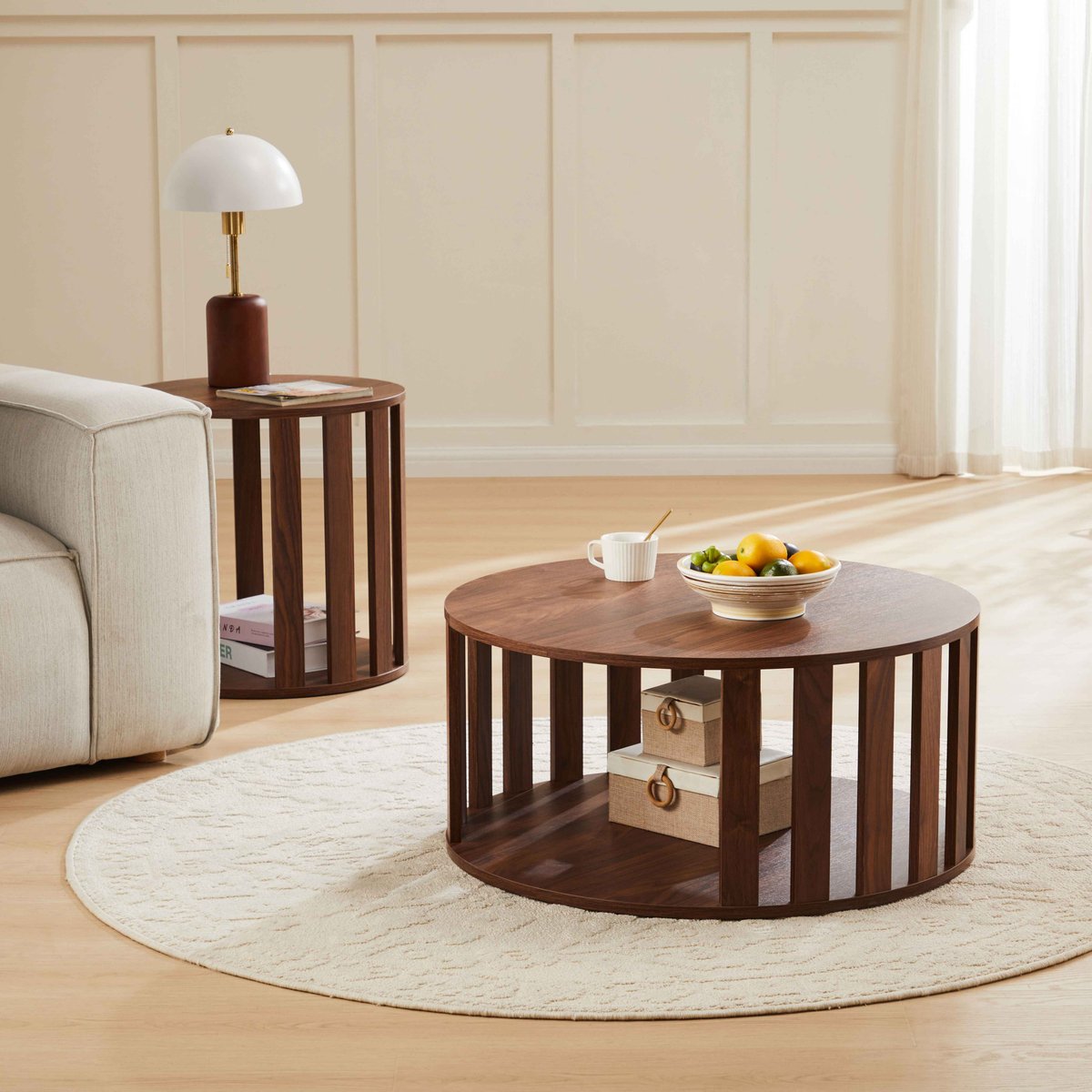 Lot de 2 tables basses gigognes effet bois rondes 50 et 75 cm, AMBROISE bois foncé, OVIALA