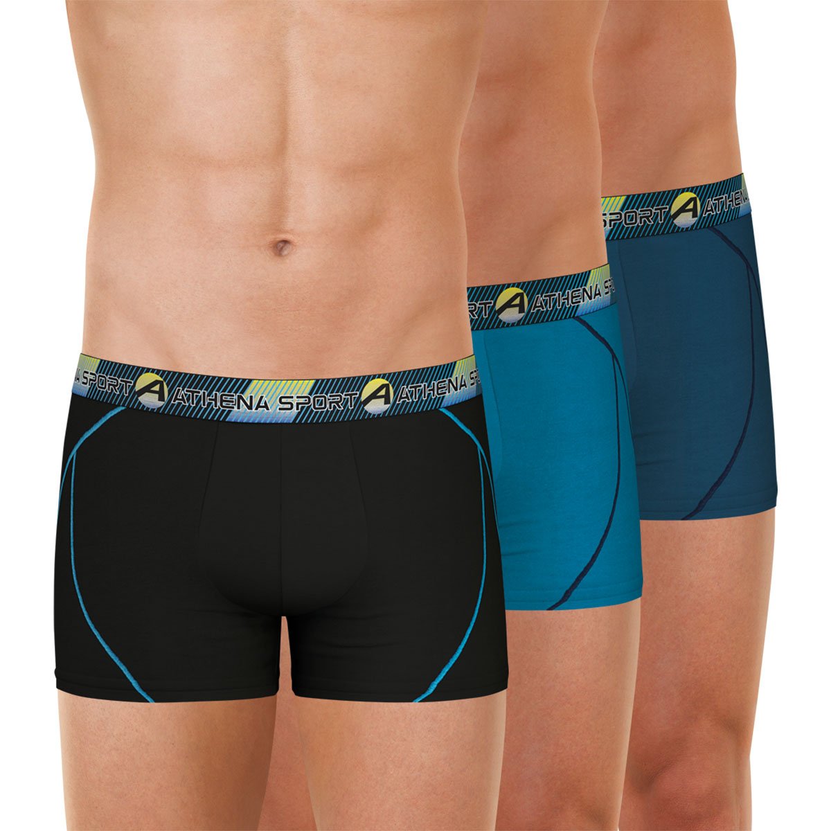 Lot de 3 boxers Training bleu + violet + noir, ATHENA