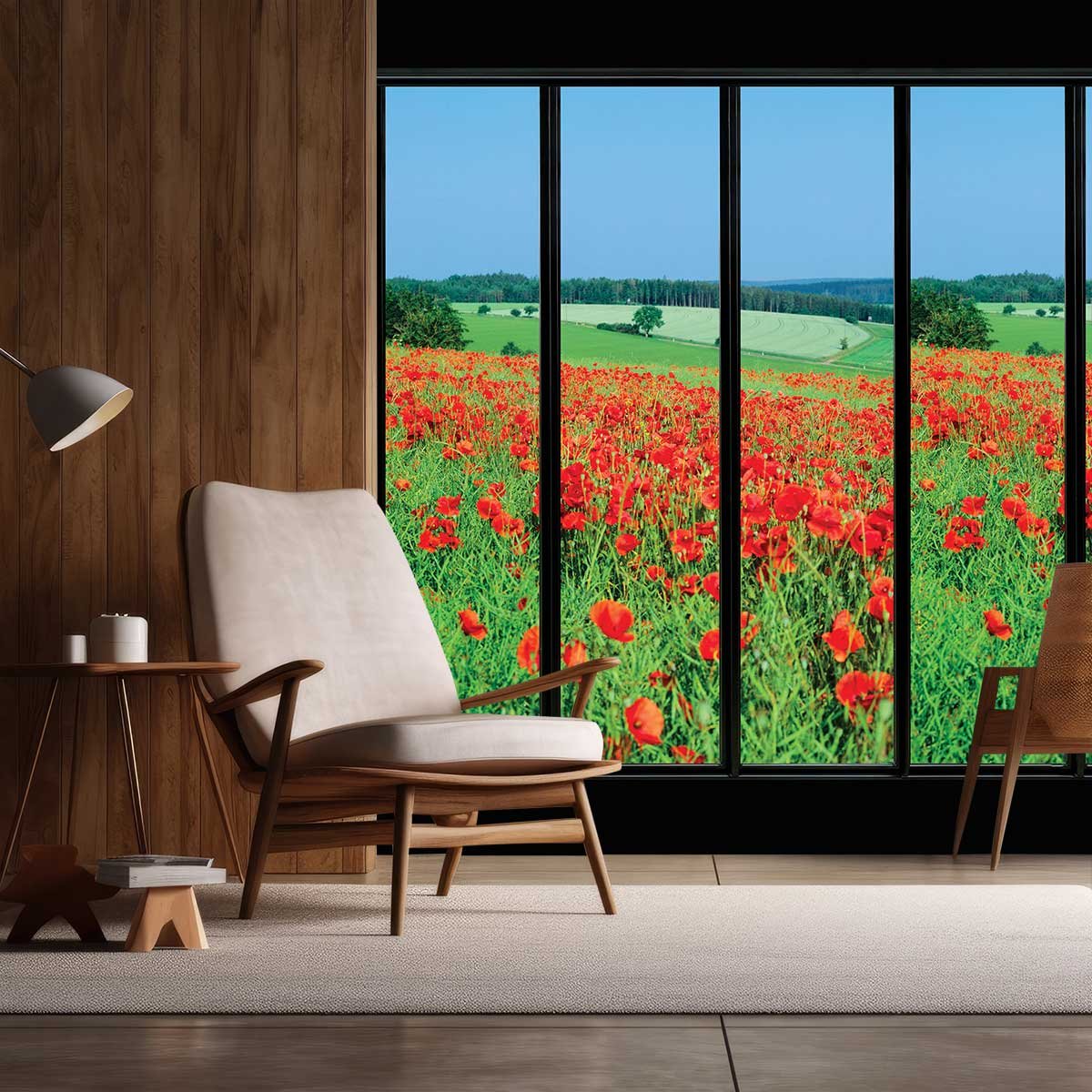 Papier peint, fenêtre sur coquelicots vert, HEXOA