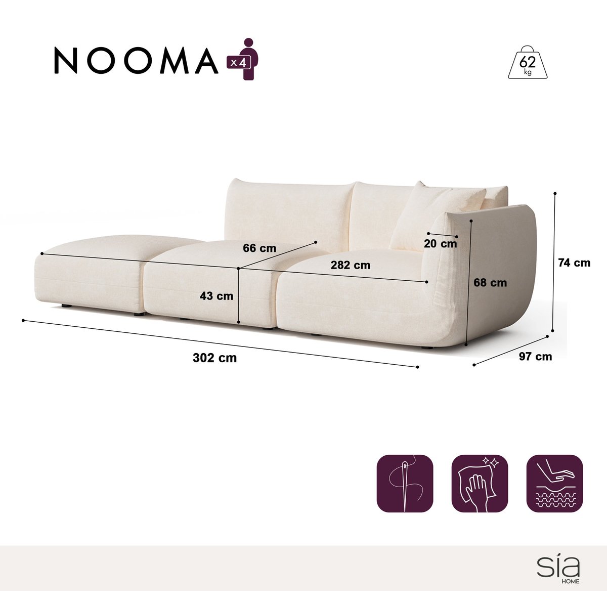 Canapé modulable 5 places en velours chenillé NOOMA crème, SIA HOME