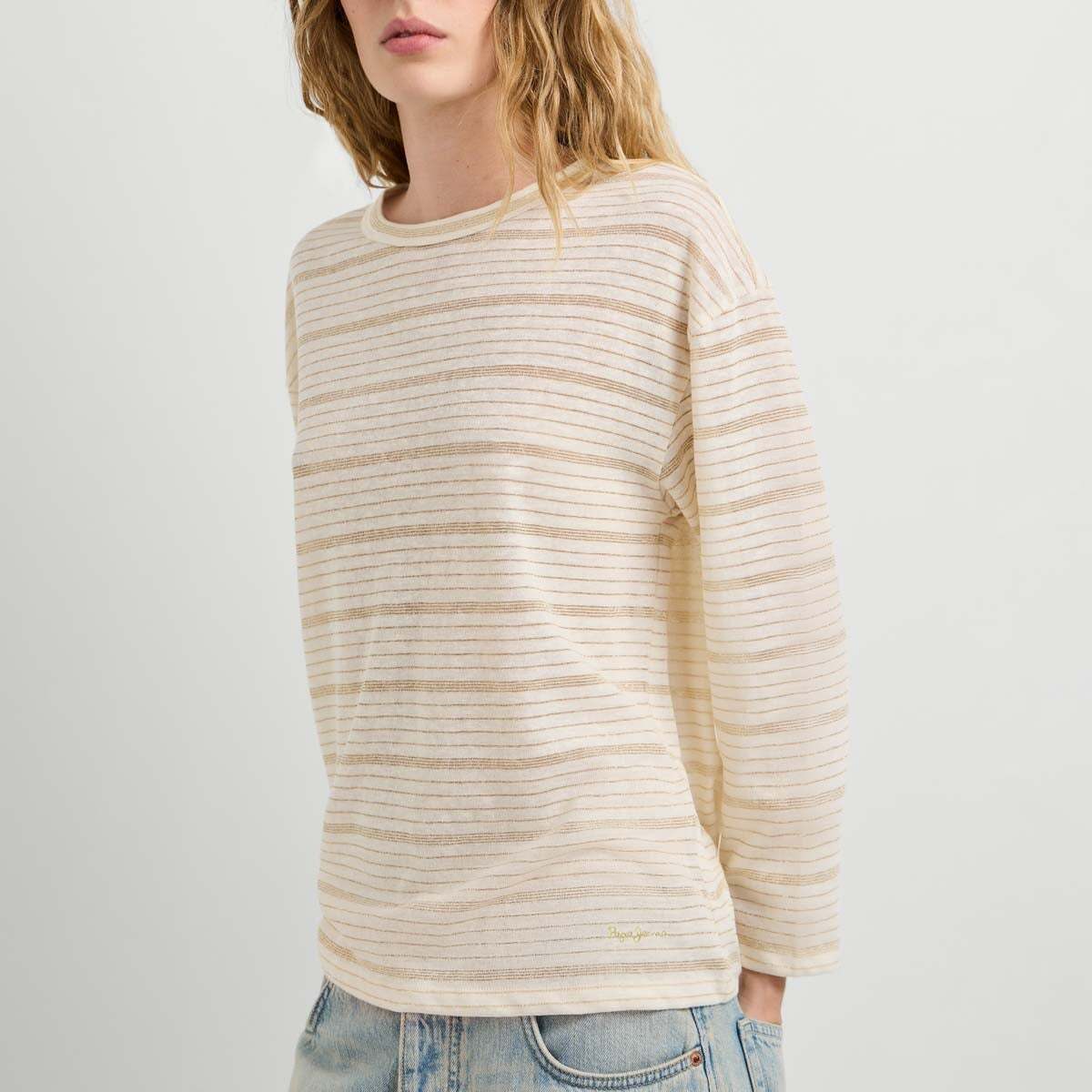 T-Shirt Manches Longues À Rayures blanche mousse, PEPE JEANS