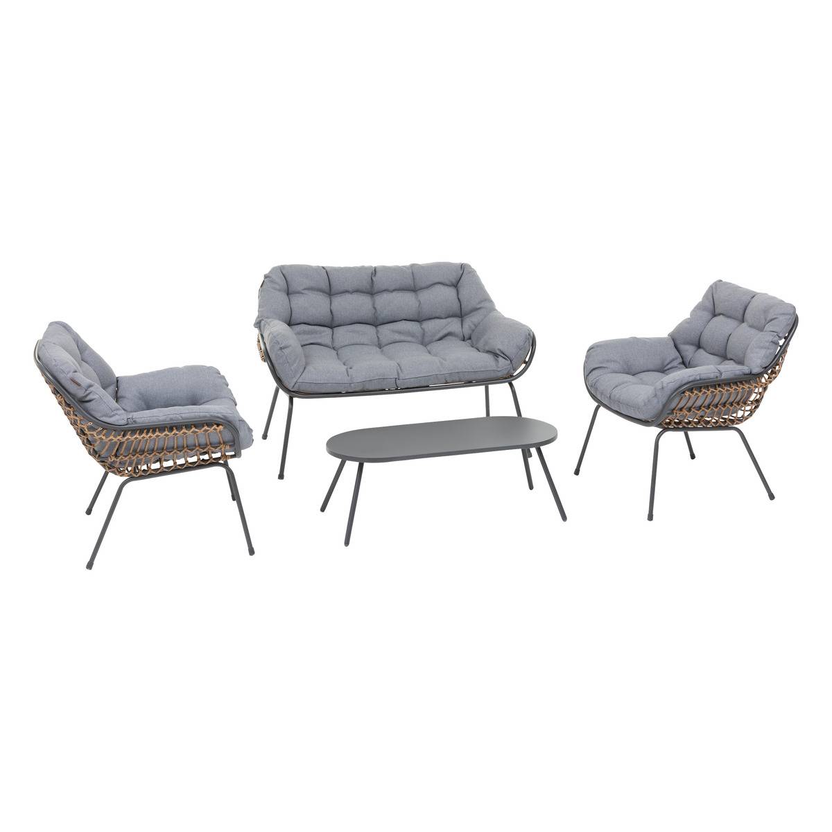Salon de jardin 4 places corde tressée coussins capitonnés PAOPAO gris graphite, HESPERIDE