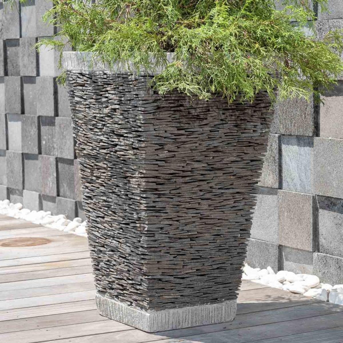 Pot bac jardinière pierre naturelle ardoise carré jardin terrasse 80cm gris, WANDA COLLECTION