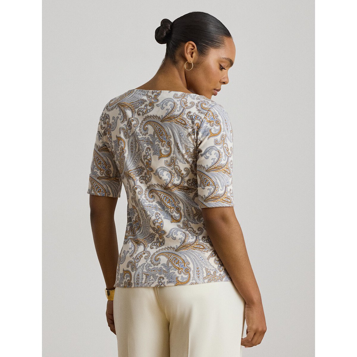 T-shirt manches courtes col bateau imprimé cachemire crème, LAUREN RALPH LAUREN