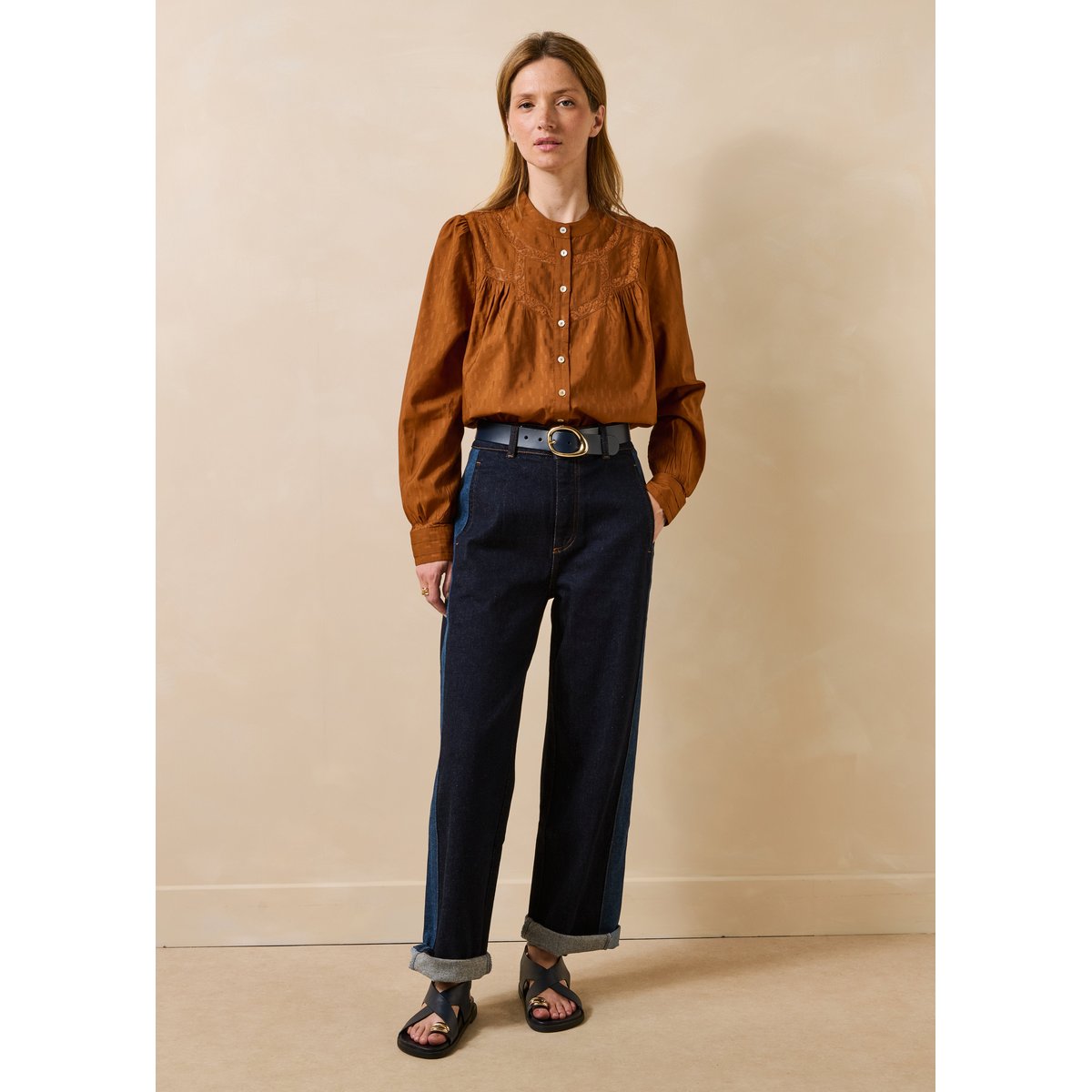 Chemise en jacquard manches longues cognac, LA FEE MARABOUTEE