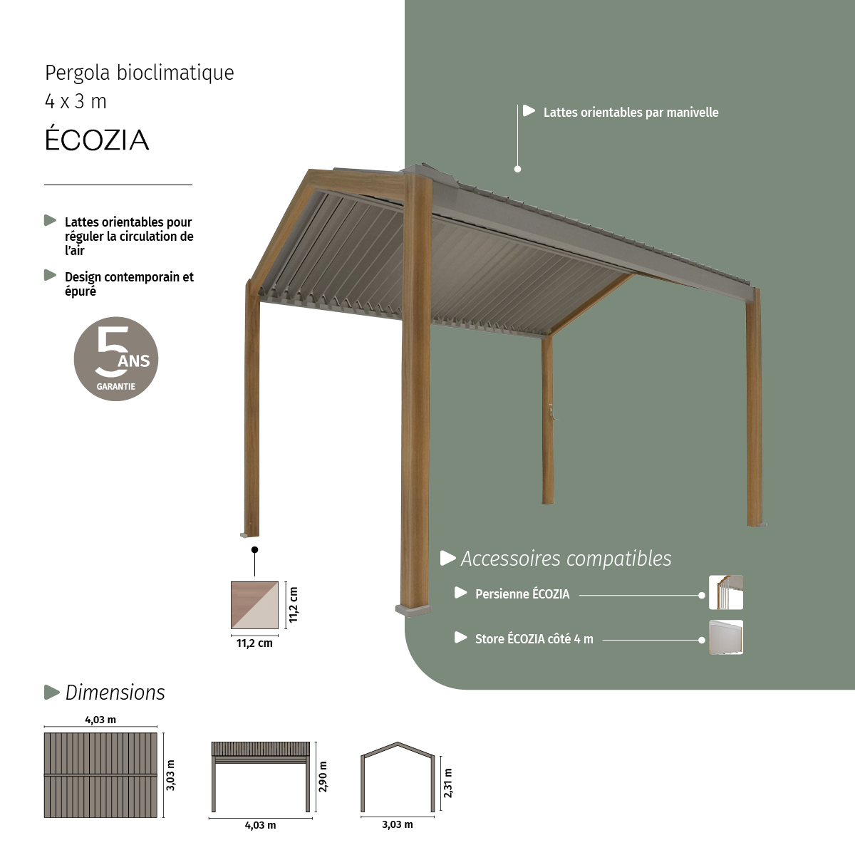 Pergola bioclimatique en aluminium effet bois rideaux déperlants 4x3m ECOZIA beige lin, HESPERIDE
