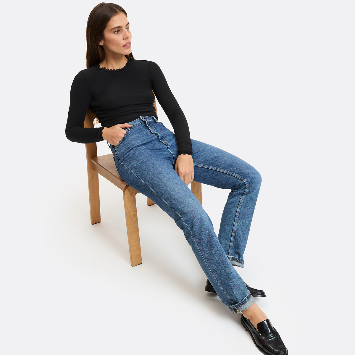 Slim Fit Crew Neck Lace Detail T-Shirt black, LA REDOUTE COLLECTIONS