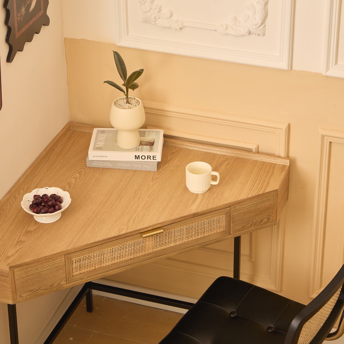Bureau d'angle, bois et rotin, 1 tiroir, SETO bois naturel, NORDLYS