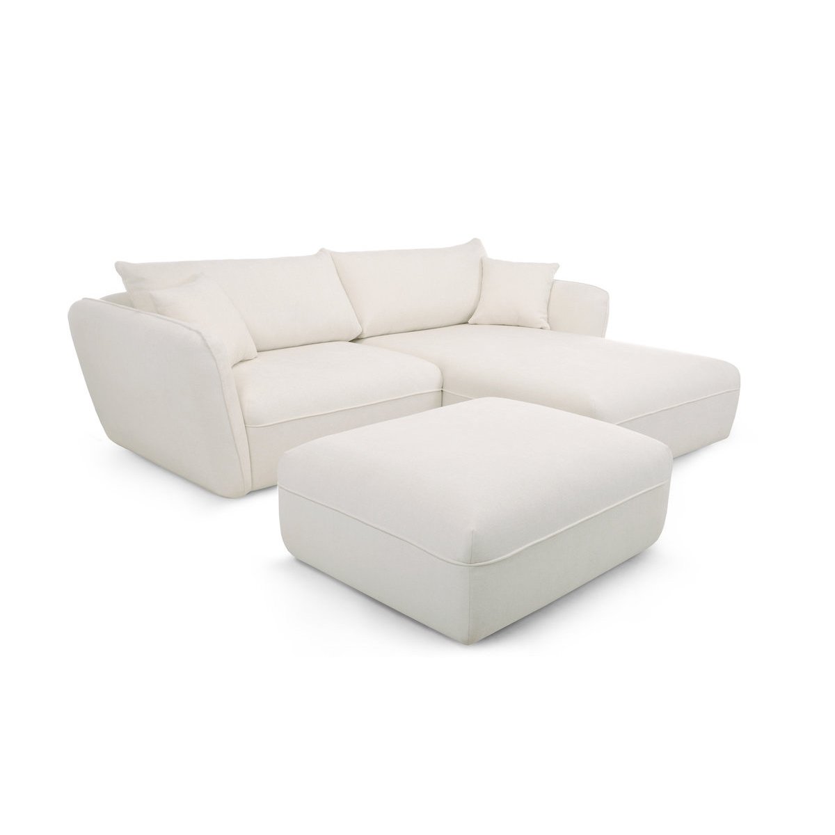 Canapé d'angle fixe 3 places en tissu texturé avec pouf, LUIGI blanc, BOBOCHIC