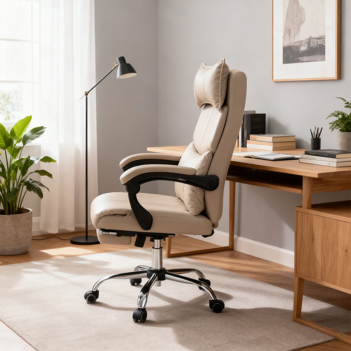 Fauteuil de bureau ergonomique pivotant avec double soutien lombaire et hauteur réglable, ABBOOTE kaki, MEUBLES COSY