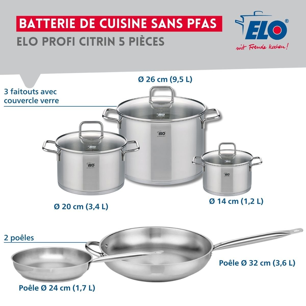 Batterie 2 poêles 24/32cm + 3 faitouts 14/20/26cm PROFI CITRIN gris, ELO