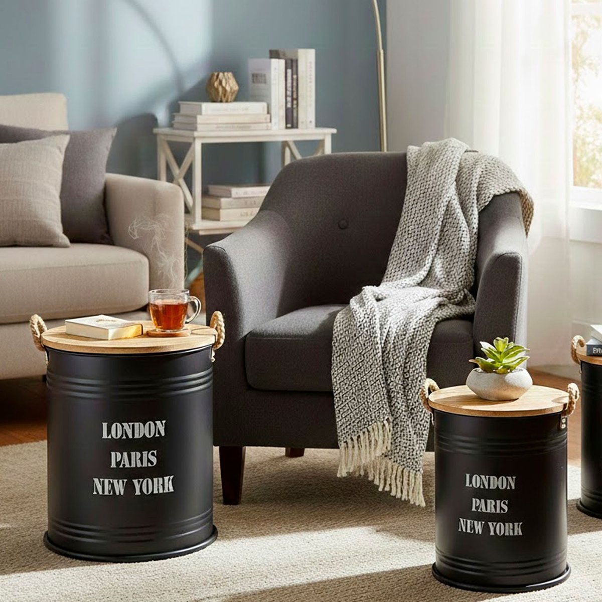Set de 3 tables d'appoint avec rangement métal noir et bois 34x34x41cm noir, WADIGA