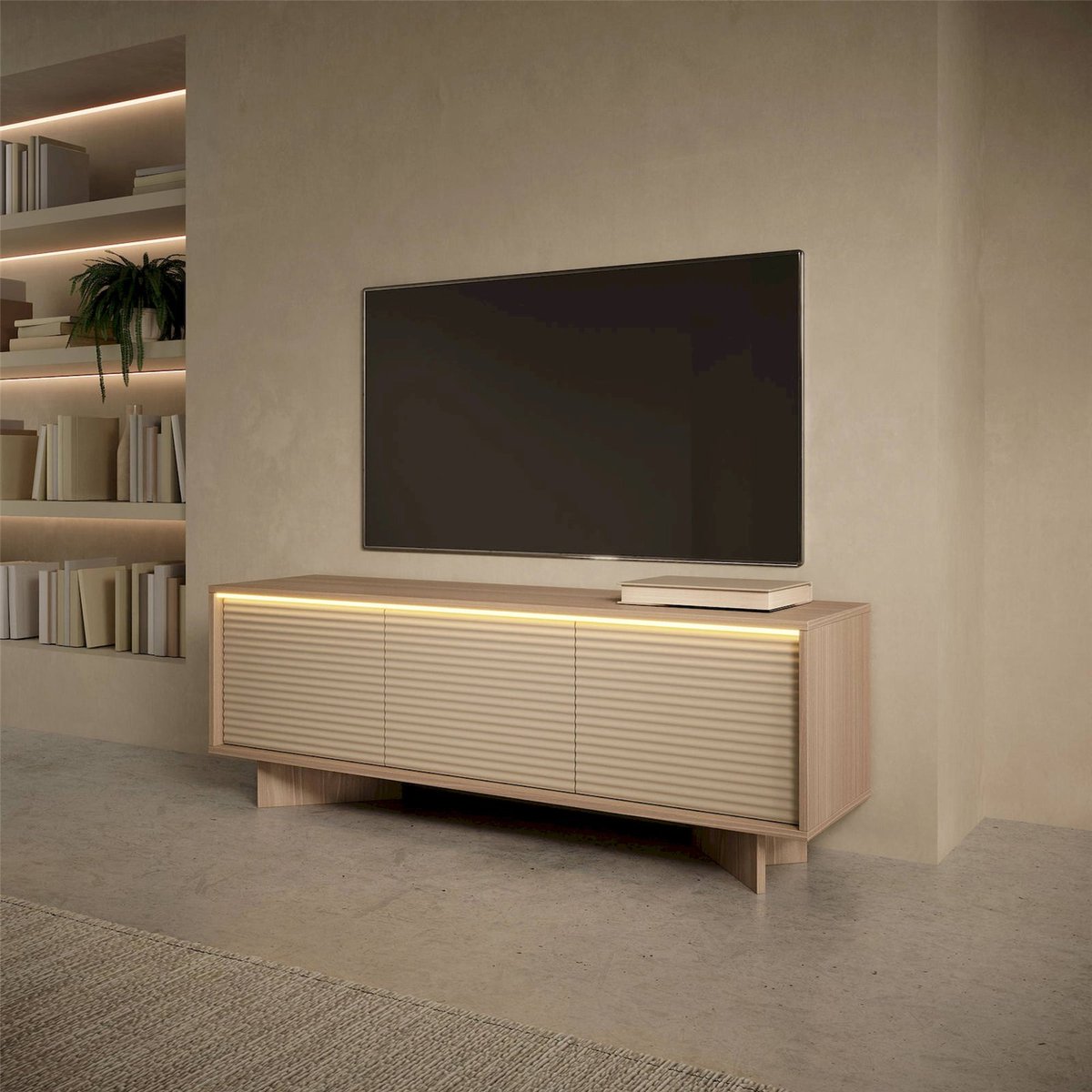 Meuble tv lumineux SEMI, 3 Portes rainurées bois bolivar naturel et cappuccino, RECOLLECTION