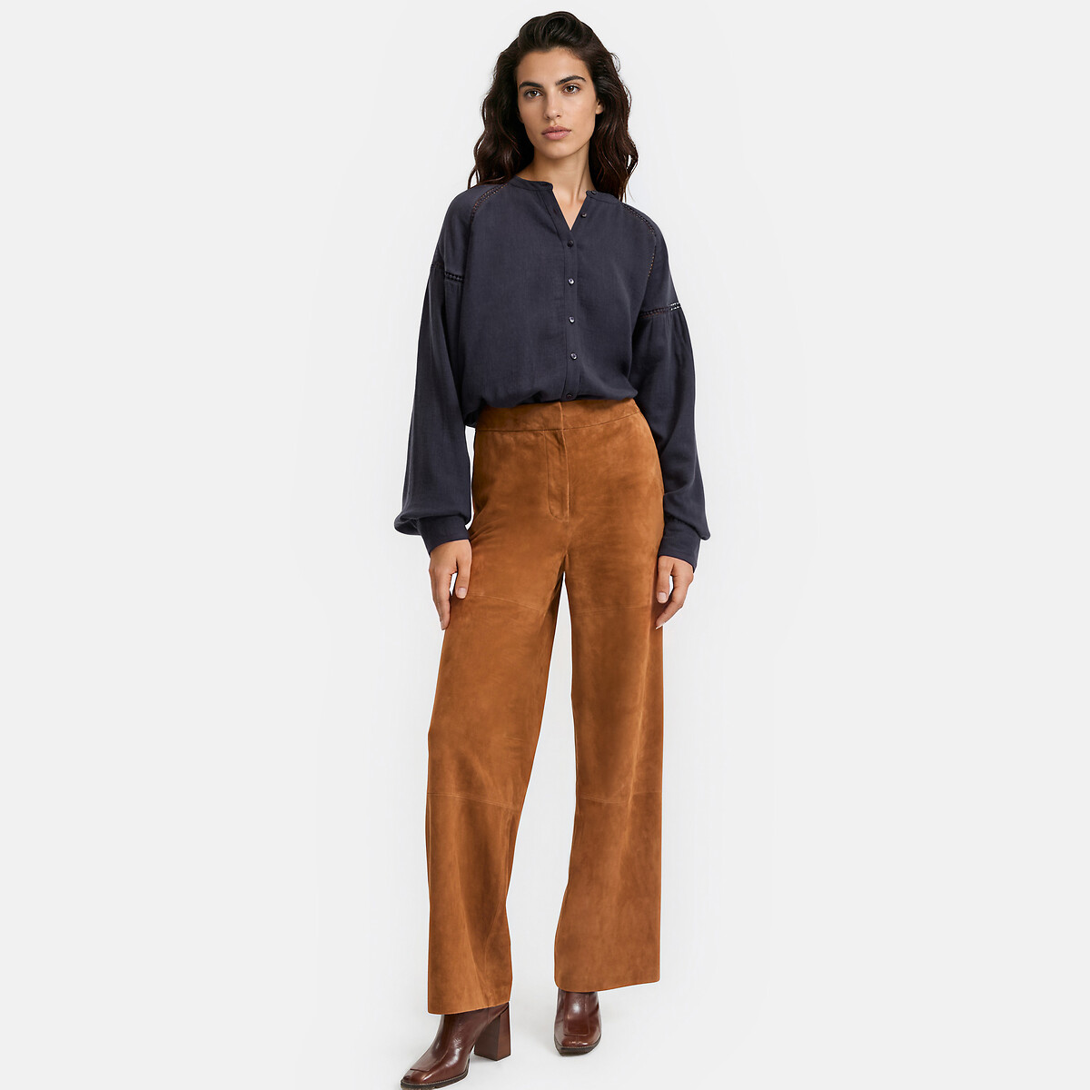 Blouse col rond manches longues avec détails ajourés bleu marine, LA REDOUTE COLLECTIONS