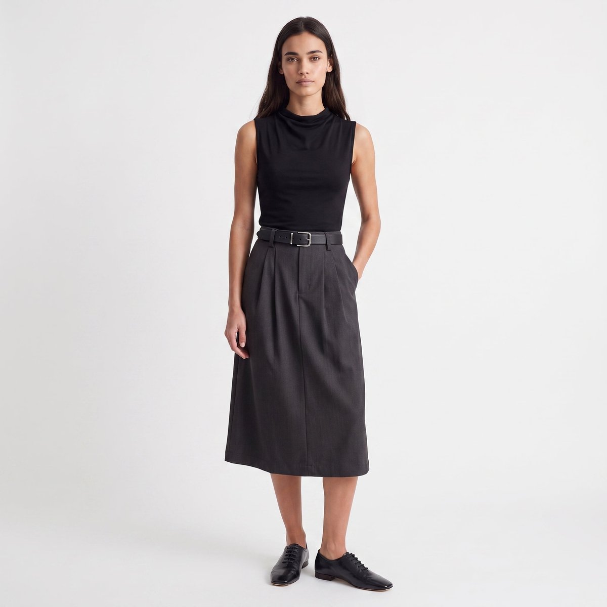Jupe midi évasée à taille haute avec ceinture et plis à l'avant FLINA gris, ARTLOVE