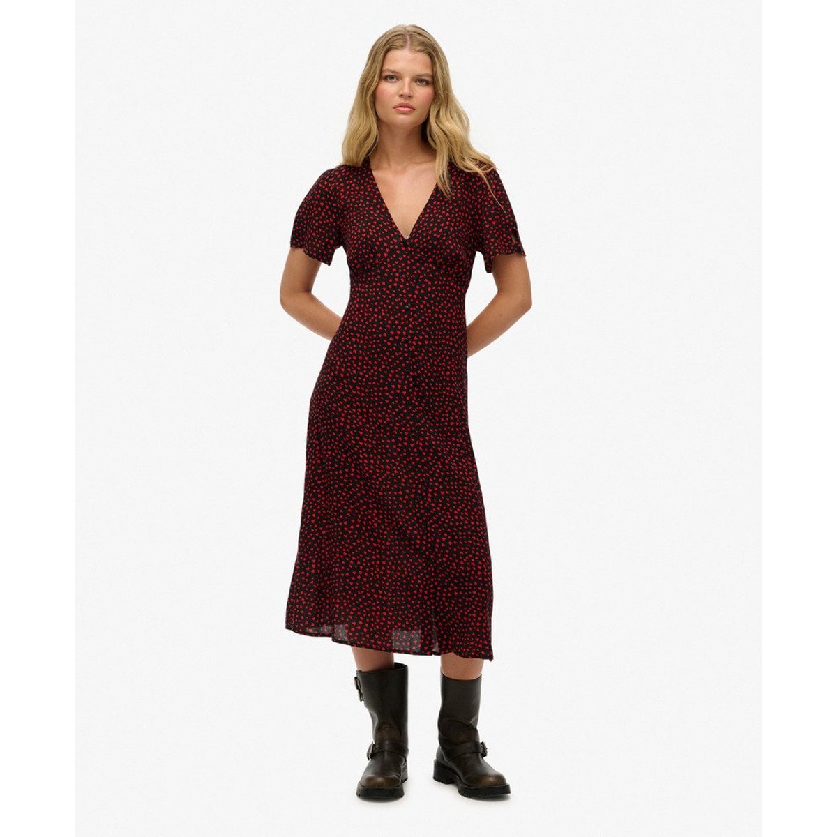 Robe mi-longue imprimée boutonnée à manches courtes cœurs rouges, SUPERDRY
