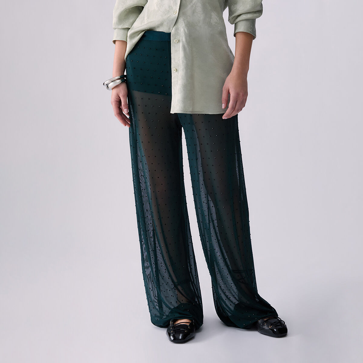 Pantalon en tulle avec broderies bijoux vert foncé, LIU JO