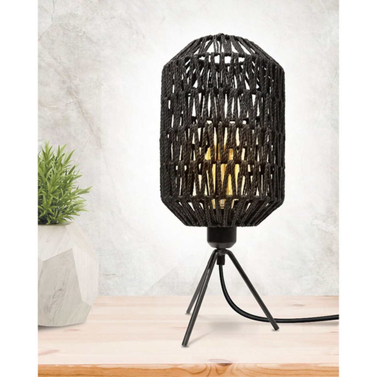 Lampe à poser effet corde design ethnique ROMÉO noir, THE HOME DECO FACTORY