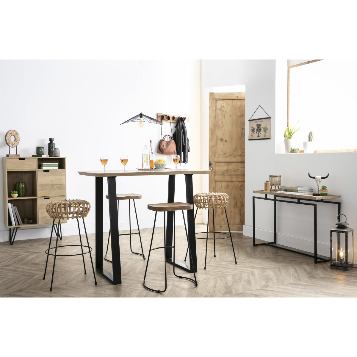 Table de bar en bois manguier massif et métal noir L120 cm VIJAY bois clair / noir, MILIBOO