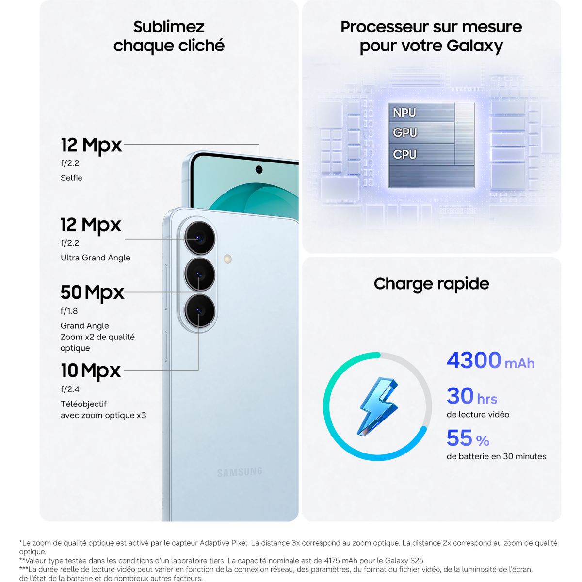 Smartphone Galaxy S26 5G 256Go Bleu couleur unique, SAMSUNG