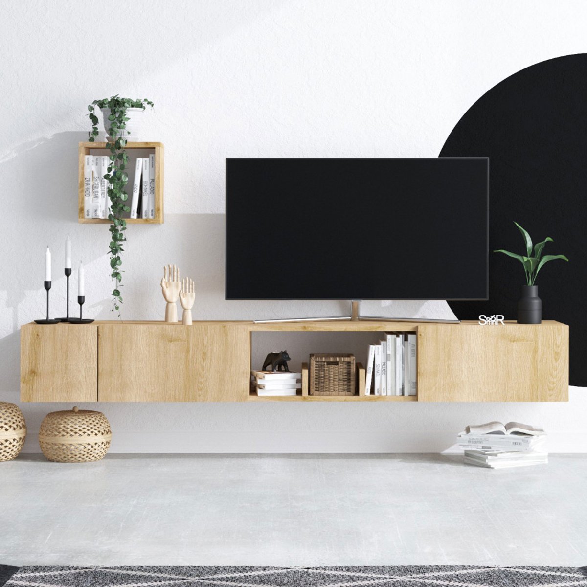 Meuble TV suspendu 3 portes en bois L180cm- HEAVY bois clair, DRAWER