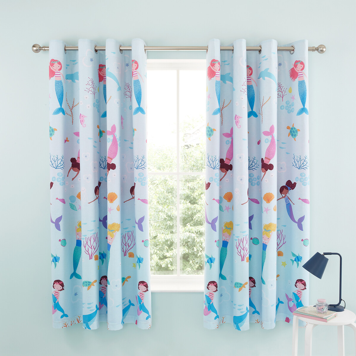 Mermaid Lined Cotton Eyelet Curtains light blue, CATHERINE LANSFIELD