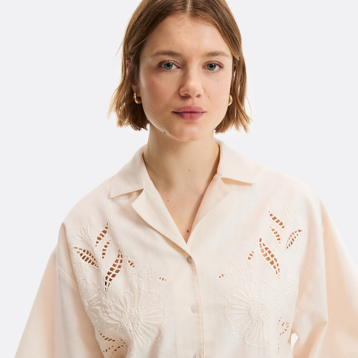 Openwork Embroidered Shirt with Short Sleeves ivory embroidered, LA REDOUTE COLLECTIONS