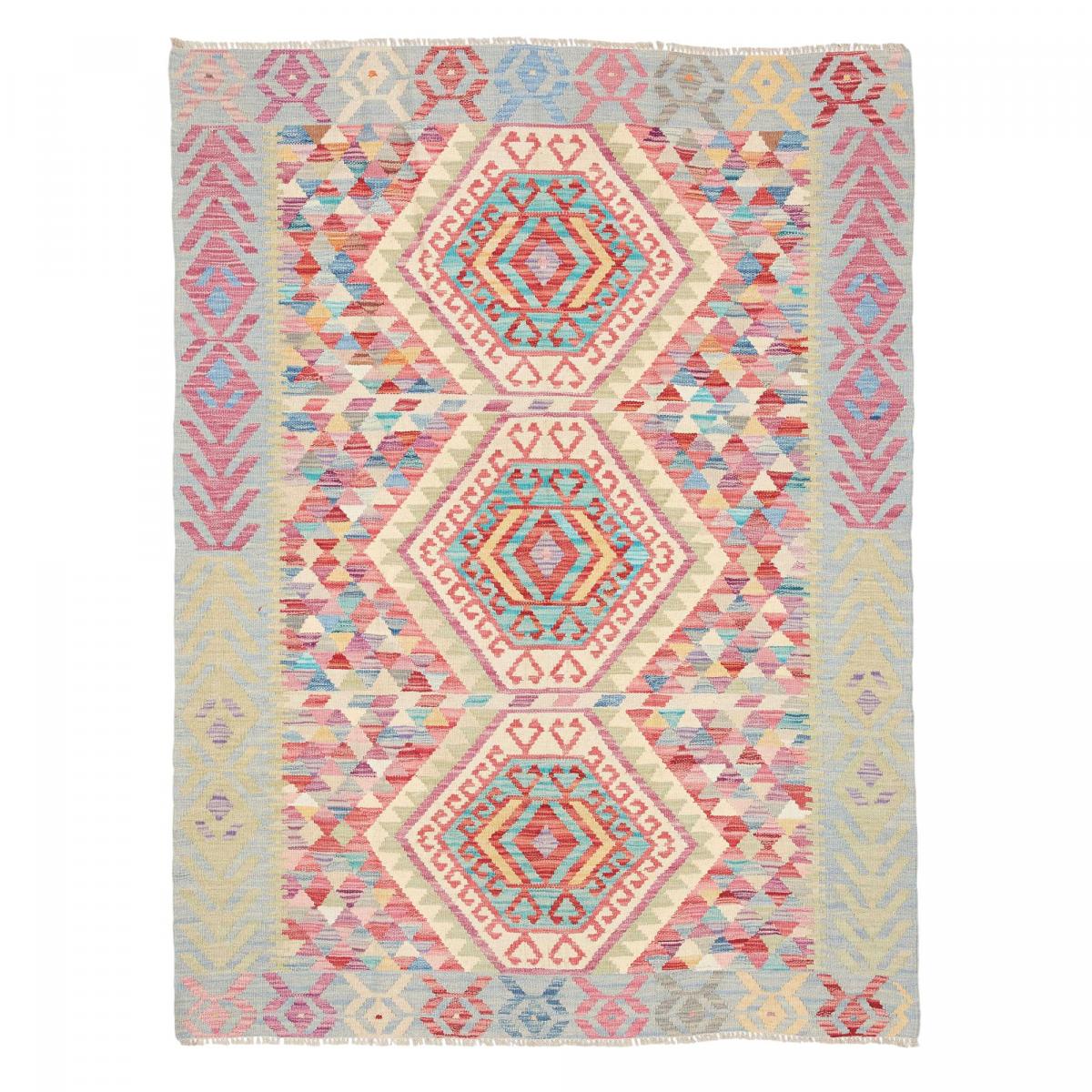 Tapis kilim au motif ethnique, tissé à plat en laine naturelle multicolore, bleu, rose, UN AMOUR DE TAPIS