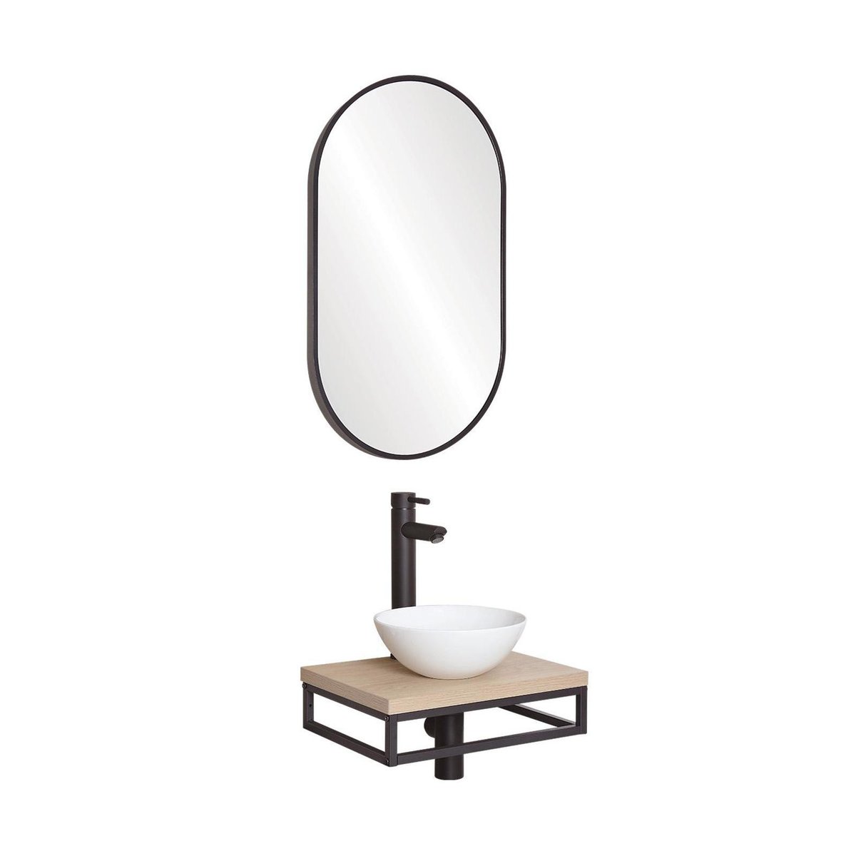 Lave-mains fin +vasque+robinet+miroir SOHO décor chêne, MOB IN