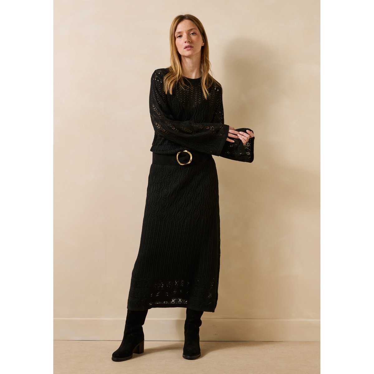Robe ajustée en maille ajourée manches longues noir, LA FEE MARABOUTEE