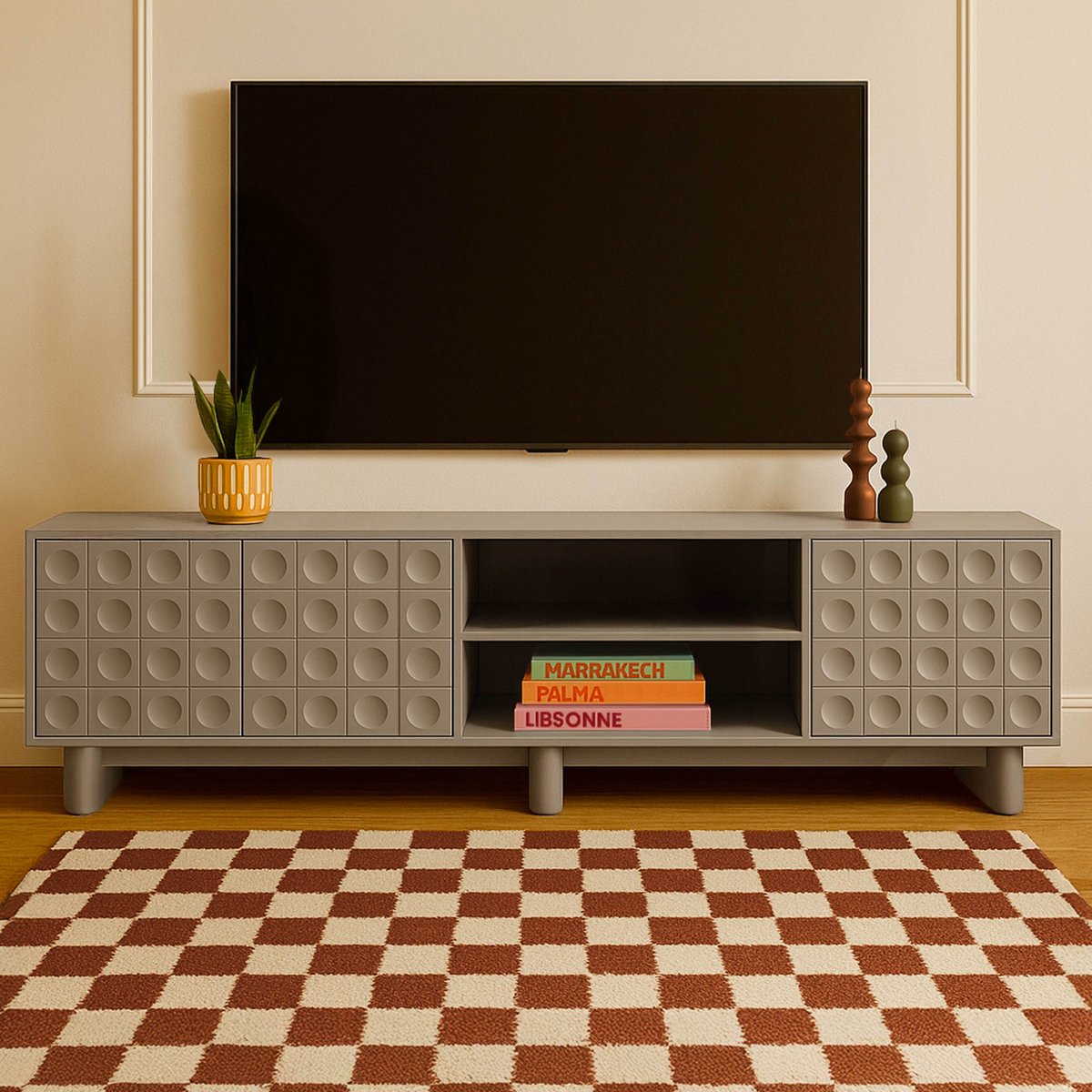 Meuble TV en mélaminé 200 cm, OCTAVE beige, OVIALA