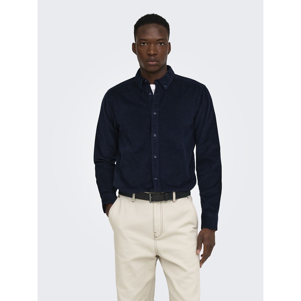 Chemise manches longues en velours côtelé noir, ONLY & SONS