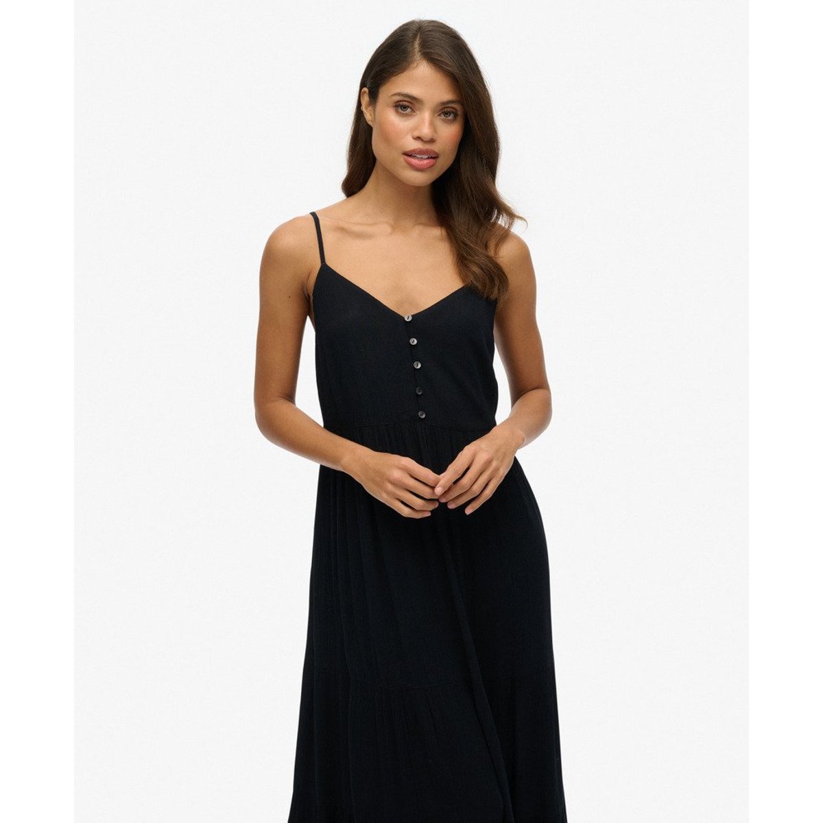 Robe mi-longue semi-boutonnée à volants noir, SUPERDRY