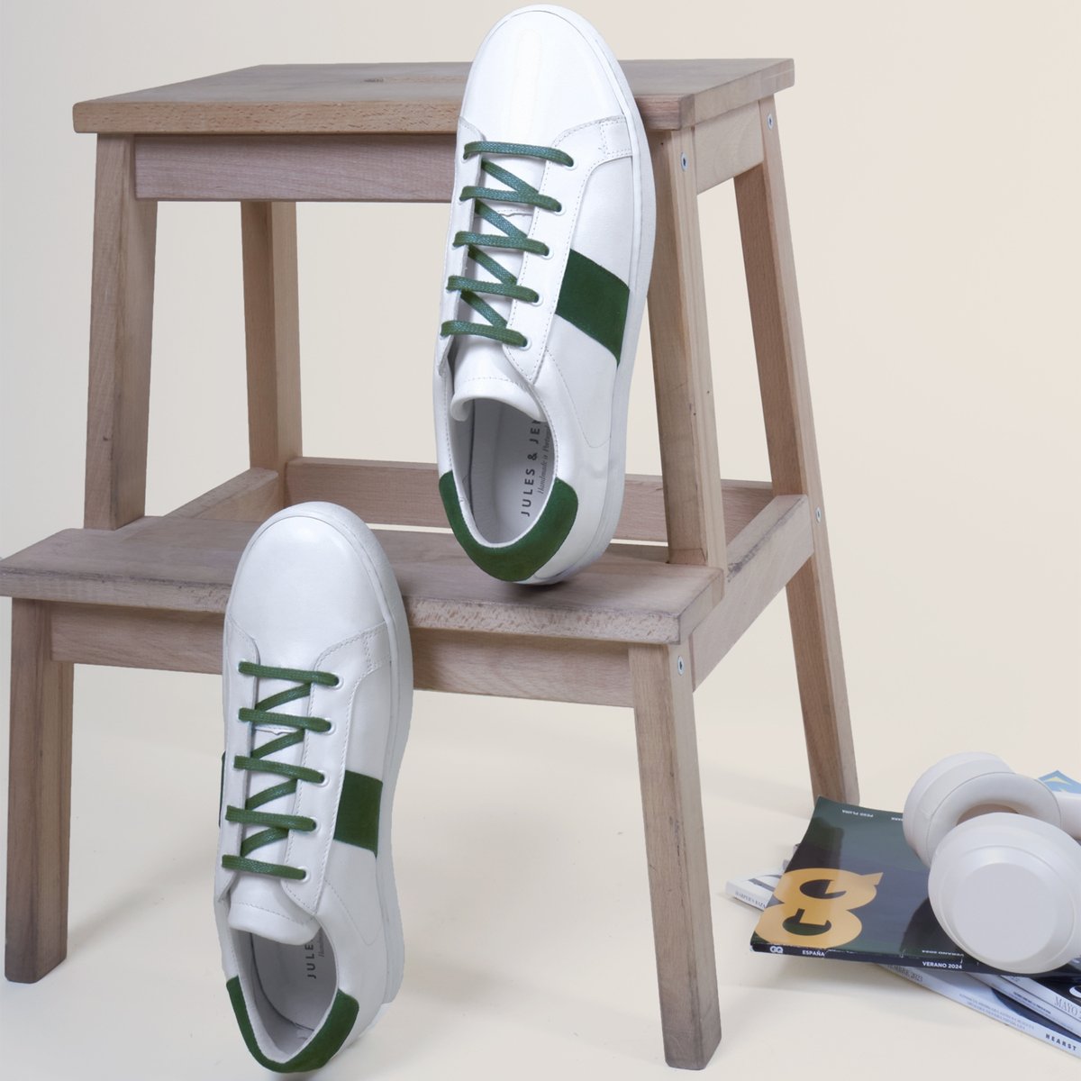 Tennis lacet Arthur cuir blanc/kaki, JULES & JENN