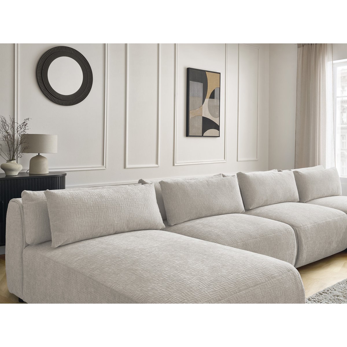 Canapé modulable 5 places en tissu texturé, JANA beige, BOBOCHIC