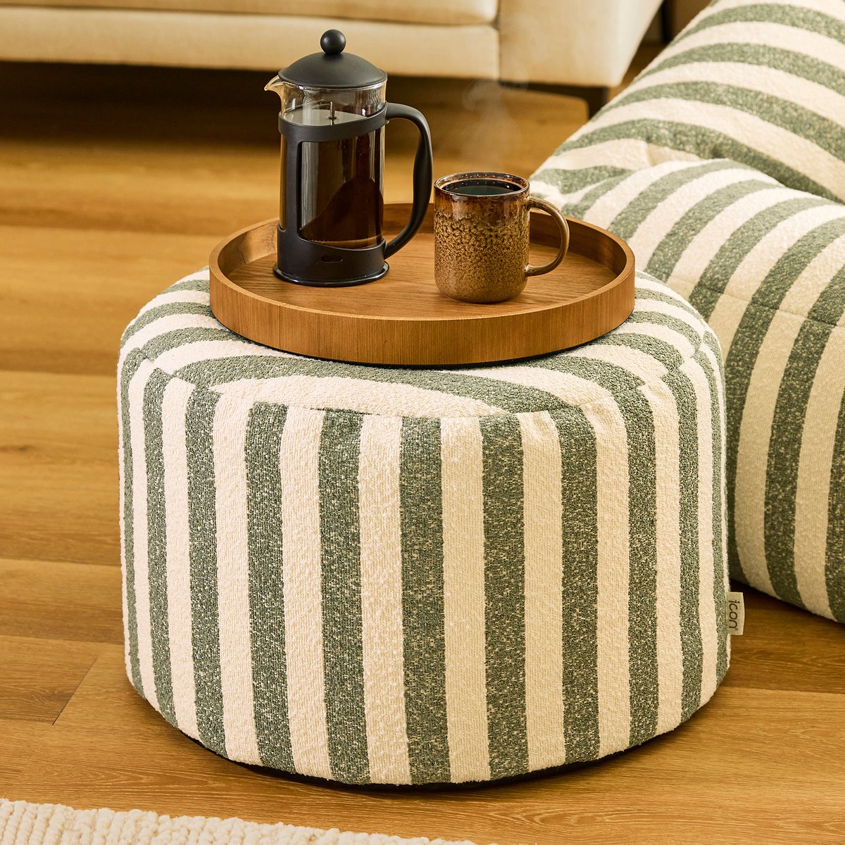 Pouf repose-pied rond en bouclette rayée Oeko-Tex® - MILANO vert olive, ICON