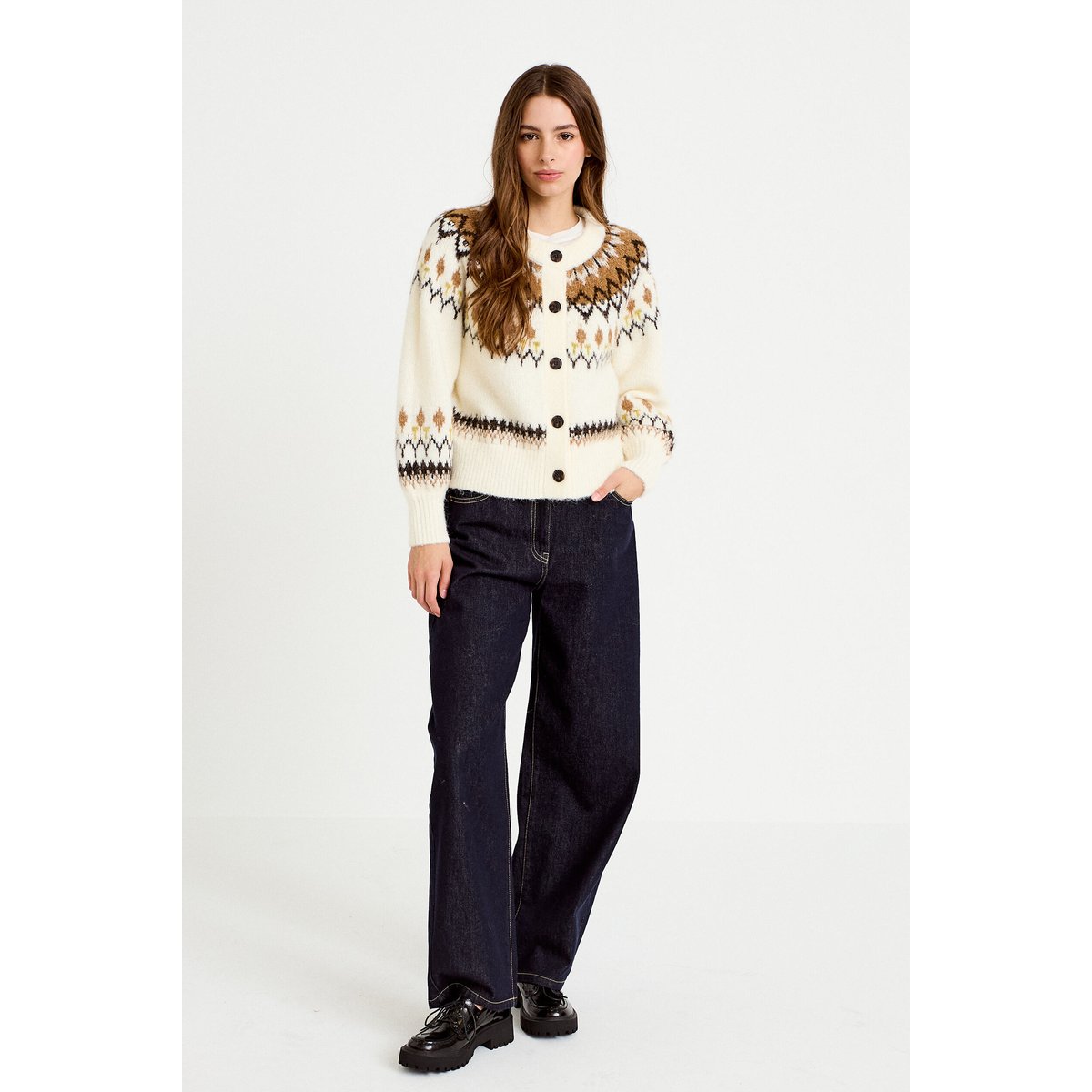 Gilet col rond manches longues ivoire, CACHE CACHE
