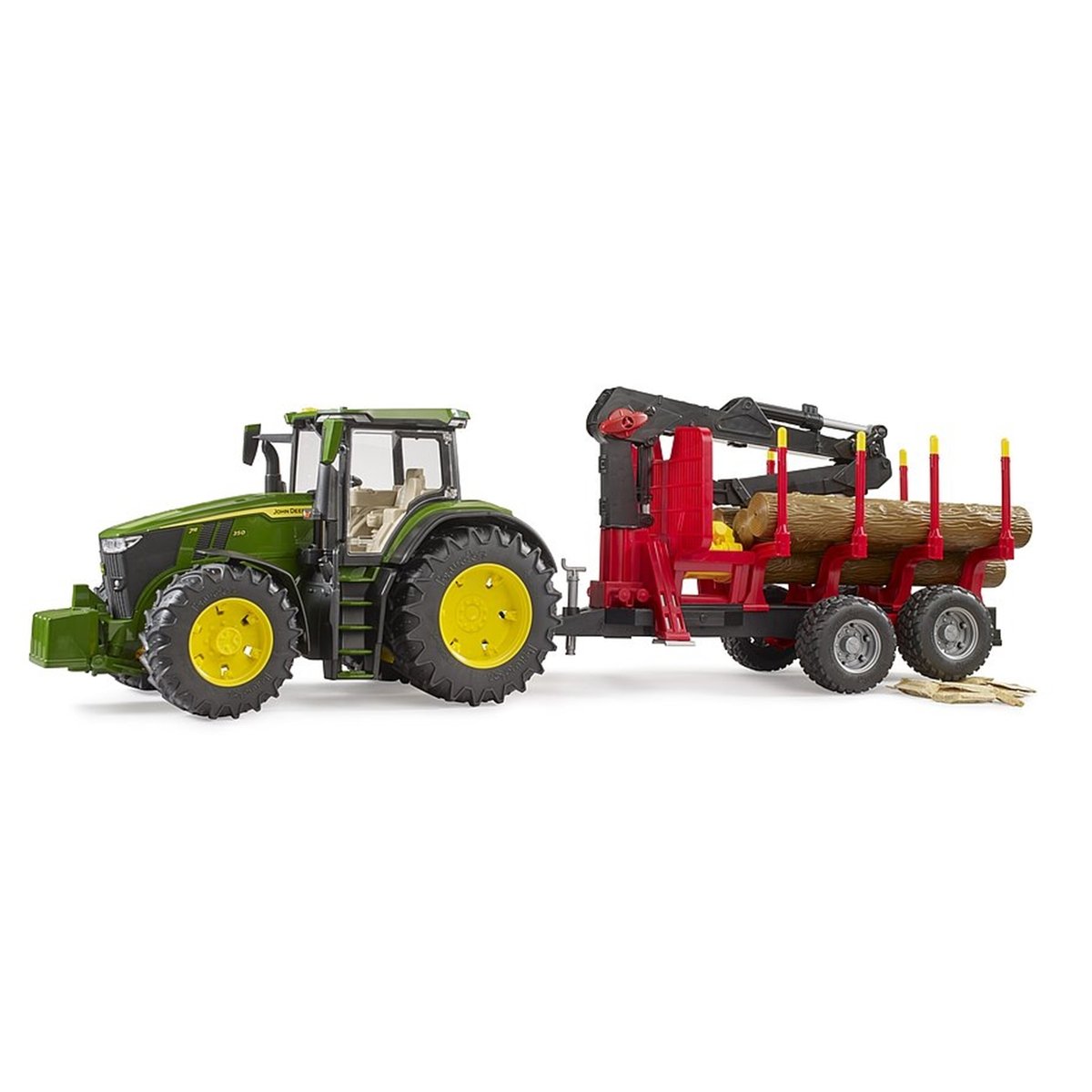John Deere 7R avec remorque forestière et 4 troncs d'arbre multicolore, BRUDER