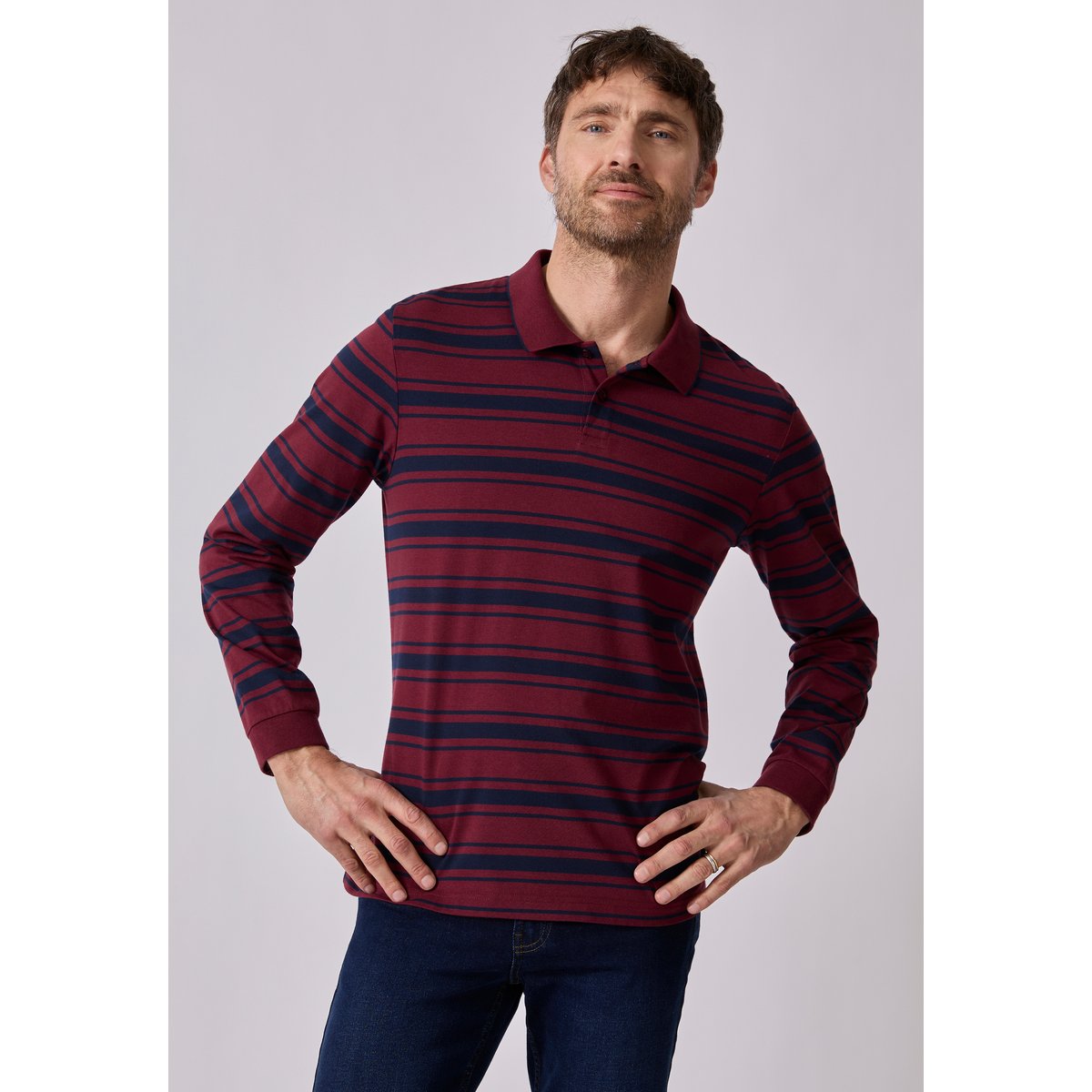 Polo manches longues en maille jersey rouge bordeaux rayé, DAMART