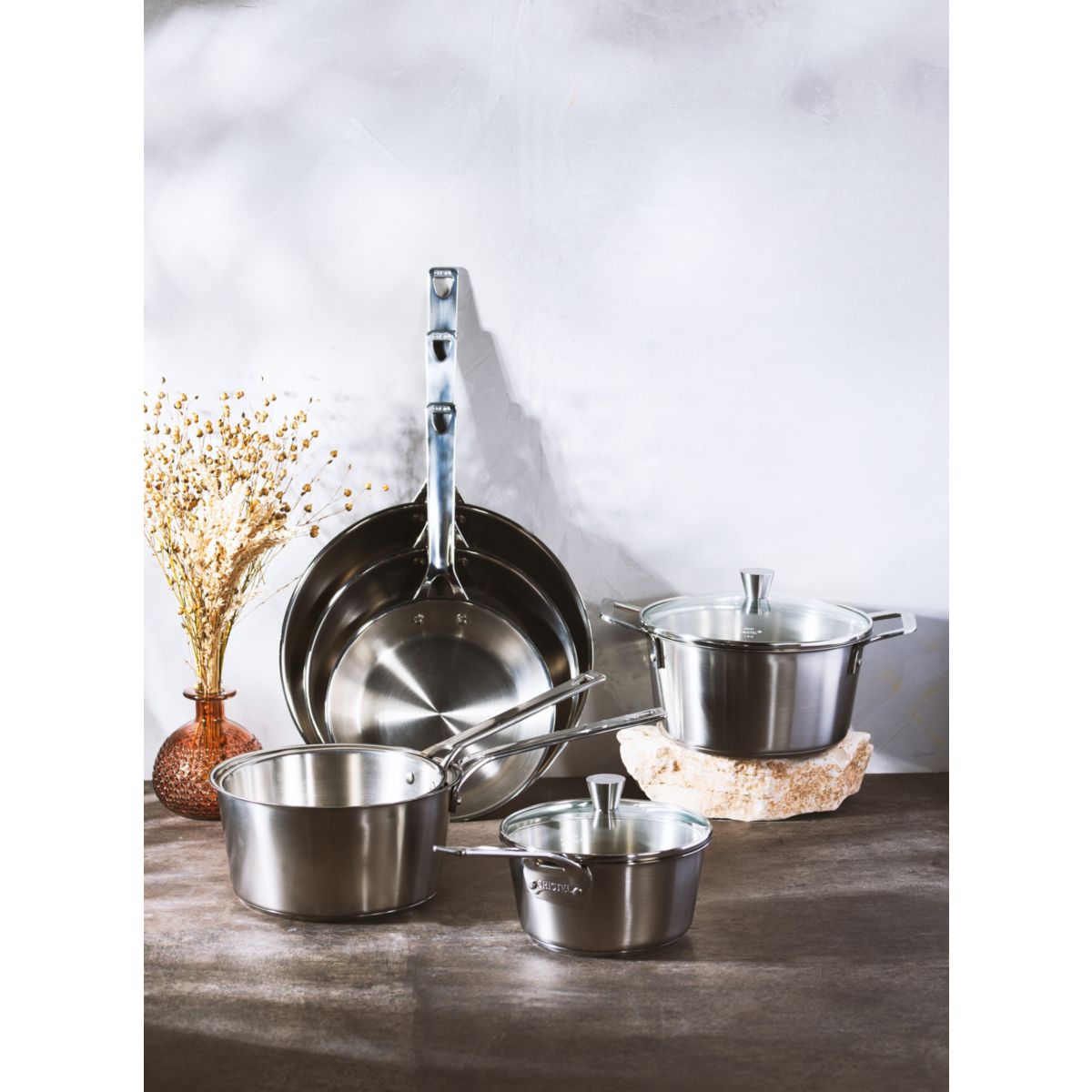 Poêle en inox brossé poignée fixe polie 1826 inox, CRISTEL