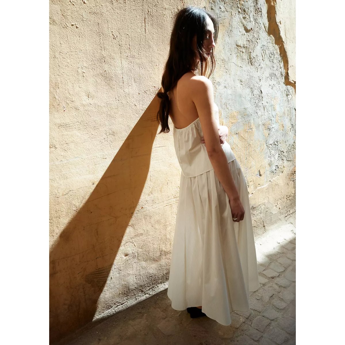 Top rayures col halter écru, MANGO