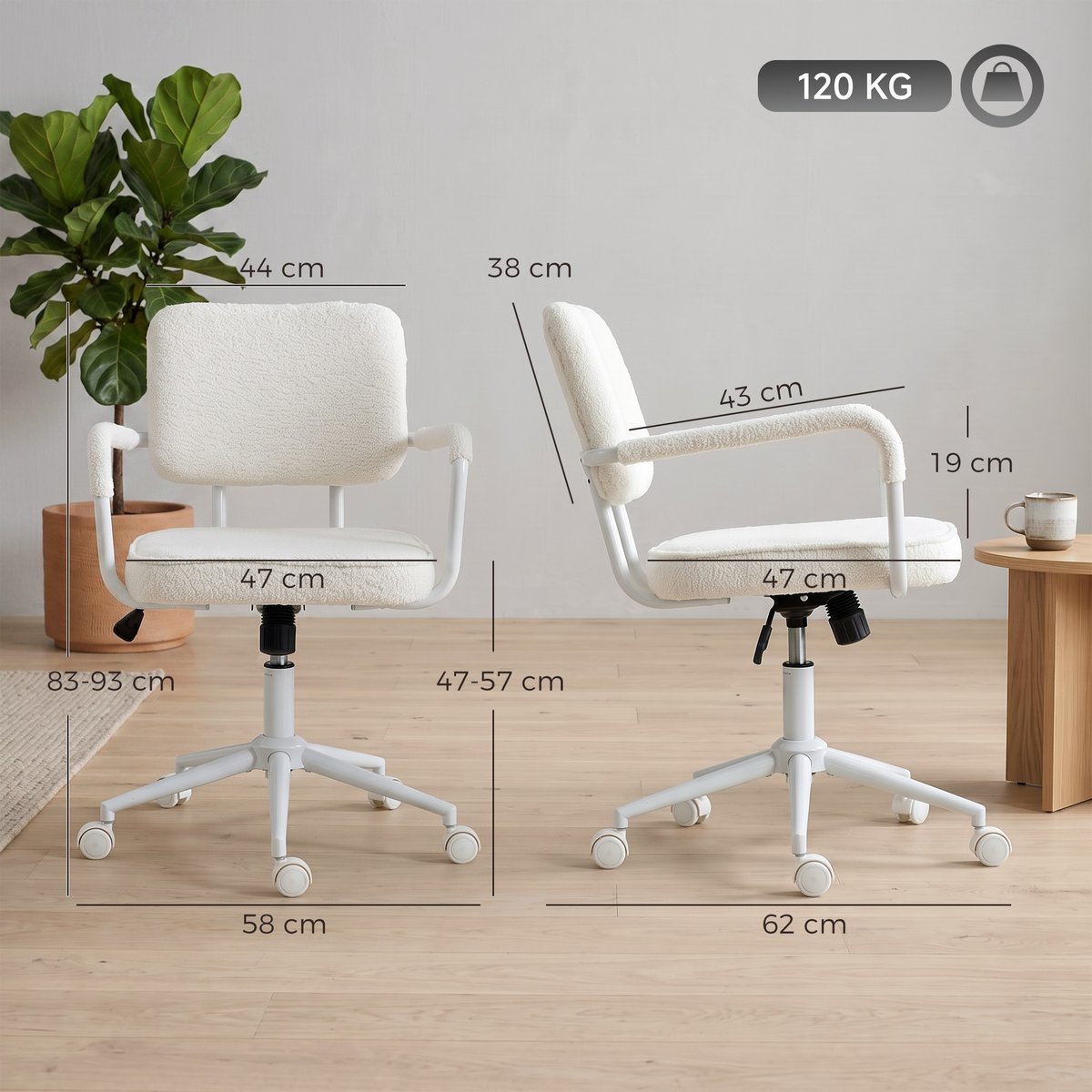 Chaise de bureau Tissu bouclette (100 % blanc crème, HOMCOM