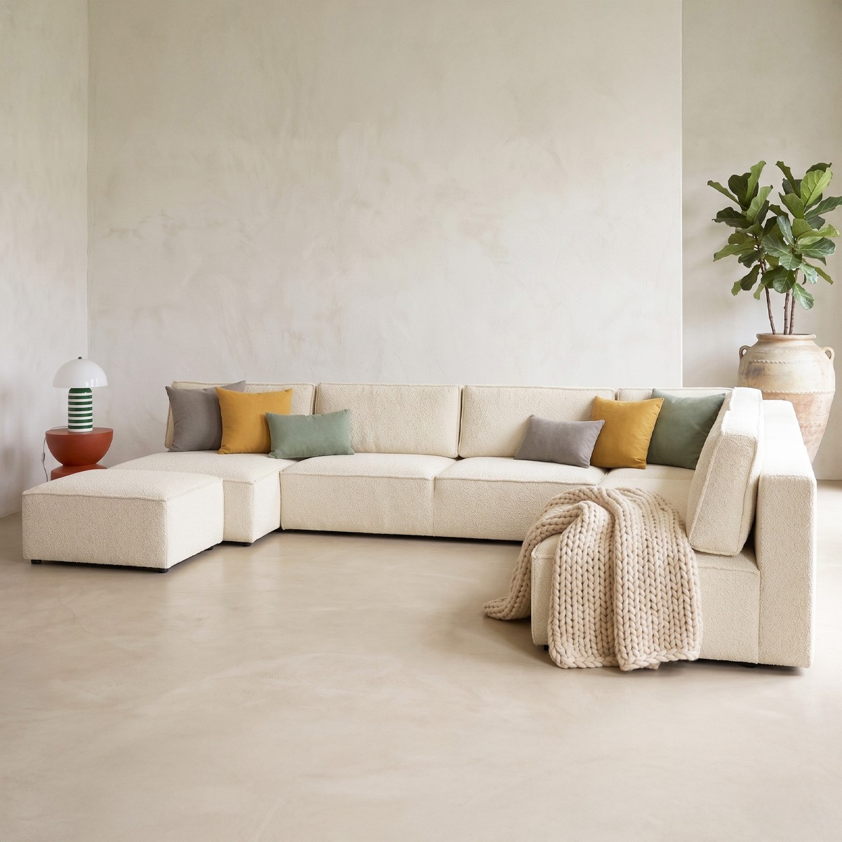 Canapé d'angle droit convertible 10+1 places en tissu bouclé - HARPER MOD ecru, HOMIFAB