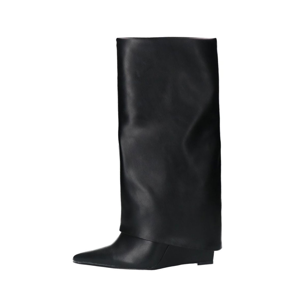 Bottes hautes à talon compensée en cuir à rabat noir, SACHA
